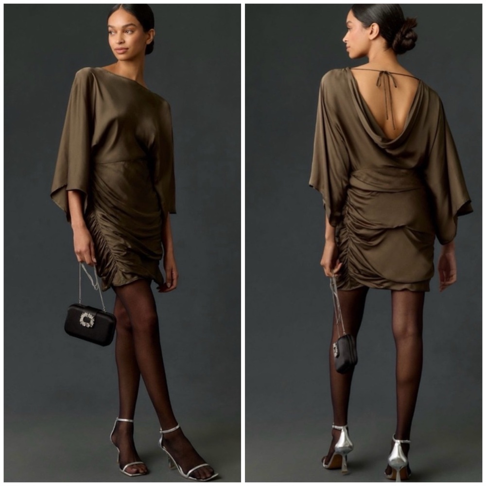 NWT Anthropologie Olive Green Satin Ruched Flare Sleeve Mini Dress Size S